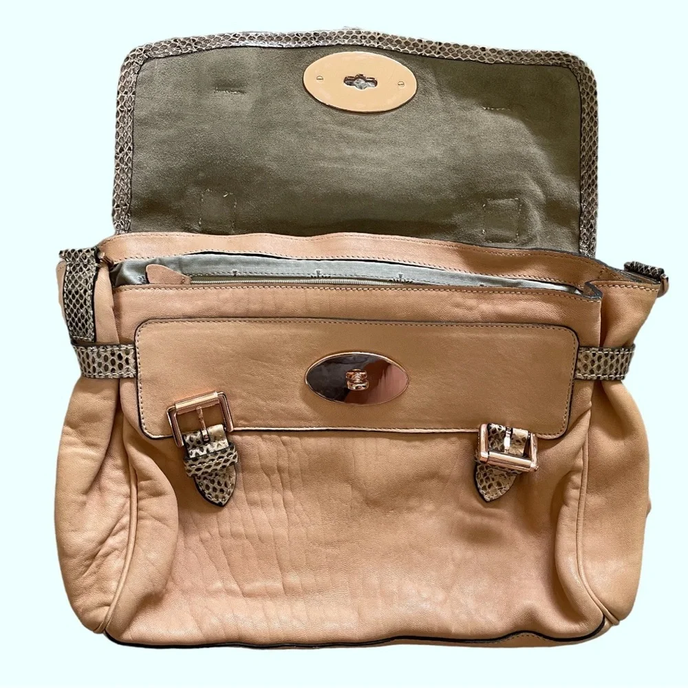 Mulberry Beige Leather Satchel with Snakeskin-Trim